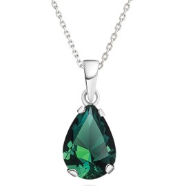 Women's 14K White Gold Emerald Necklace - May Birthstone Pendant - Teardrop Solid Gold Pendant WITH Sterling Silver Chain - Elegant Wedding Jewelry for Brides - Emerald Gift for Her