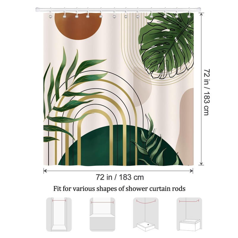 Bonhause Boho Shower Curtain, Abstract Modern Arch Sun Green Palm