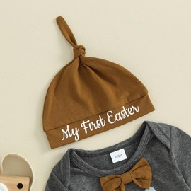 Baby Boy Easter Outfit First Easter Romper Bunny Onesie Elastic Suspender Pants Set My First Easter Baby Boy Outfit(B-Bunny Gray,6-12 Months)