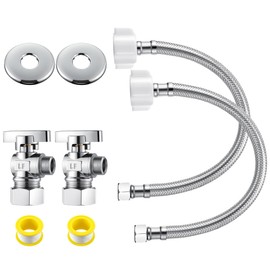 Dreyoo 2 Pack Complete Toilet Valve Set, Includes 1/2 inch Nom Inlet x 3/8 Inch OD Compression Outlet Angle Shut Off, 12" Stainless Steel Toilet Water Supply Line, Escutcheon Plate, Sealing Tape