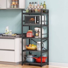 Denkee 5-Tier Bakers Rack for Kitchen with Storage, Industrial Microwave Stand Shelf, Coffee Bar for Small Spaces, Free Standing Kitchen Storage Shelf Rack, 23.62" L x 15.75" W x 60.24" H, Black