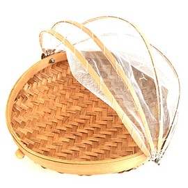 OMA® Covered Round Bamboo Storage Basket With Mesh Cover Food Tent Storage Basket SMALL SIZE