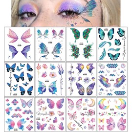 RabbFit 12 Sheets Glitter Butterfly Temporary Tattoo Stickers for Women Girls Butterfly Face Tattoos Eyes Face Makeup Decoration Flash Fairy Wings