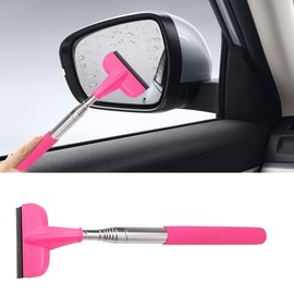 Car Side Mirror Squeegee, Mini Telescopic Squeegee Car Rearview Mirror Wiper, Portable Automotive Cleaner Tool with 39" Retractable Long Handle, Car Mirror Squeegee for Rainy Foggy Weather (Pink)