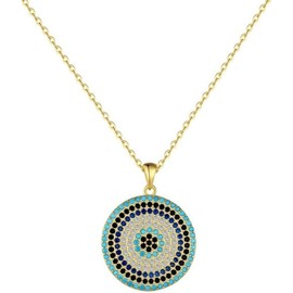 GOLDPAR 18K Gold Blue Sapphire Round Evil Eye Pendant Necklace, Turquoise Devil's Eye Chain Necklace, Lucky Jewelry Gift (P-0289)