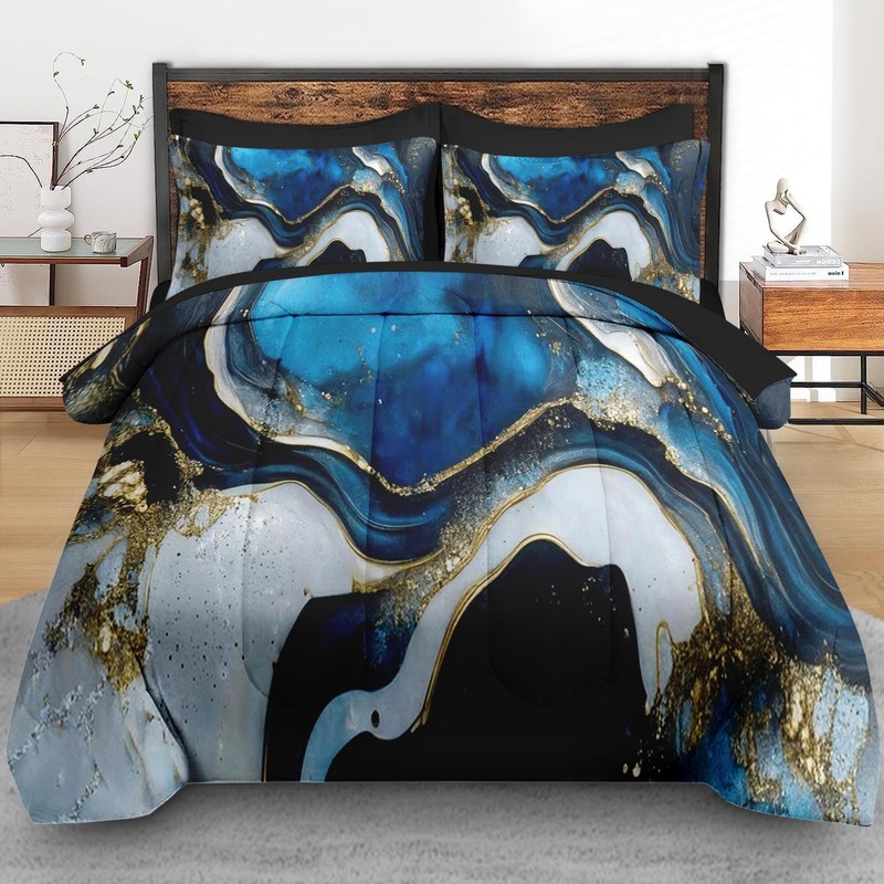 Pamnest Comforter Set Queen Size, Deep Blue Painting 7 Pcs