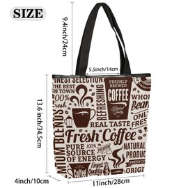 KOBLEN Coffee Shop Theme Canvas Tote Bag Reusable Grocery Shopping Bags for Women Beach Travel Storage Handbag with Zipper Portable Shoulder Bag