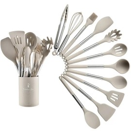 Generic Complete Silicone Kitchen Utensil Set 12pcs, Cooking Utensils, Nonstick Cookware, Stainless Steel Handle, Kitchen Gadgets, Spoon, Spatula Dishwasher Safe, with Holder Color (Khaki), Large