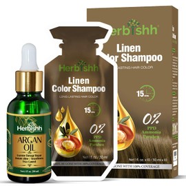 Herbishh Linen Hair Dye Shampoo Kit with Argan Oil | PPD-Free 3-in-1 Hair Color + Deep Conditioner | Gray Coverage | Travel Sachets (10) + Mask + 30ml Argan Oil