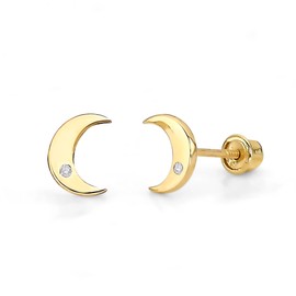 14k REAL Yellow Gold Moon CZ Stud Earrings with Screw Back