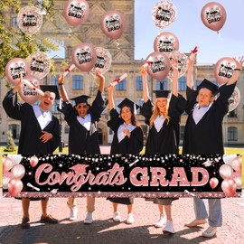 RUMIA Graduation Party Decorations Rose Gold Graduation Banner Balloons Set Congrats Grad Yard Banner with 18pcs Balloons for Class of 2024 Party Sign Decor College High School Party Supplies Outdoor