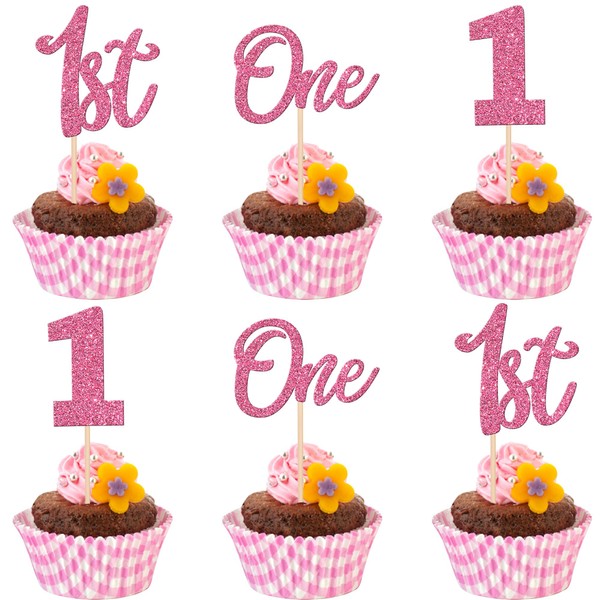 24 piezas de decoración de cupcakes con purpurina para el primer cumpleaños, número 1, para baby shower, niños, primer cumpleaños, aniversario, fiesta, decoración de pasteles, color rosa