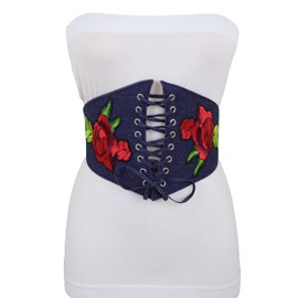 Women Fashion Wide Corset Stretch Belt High Waist Dark Blue Navy Denim Flowers S M