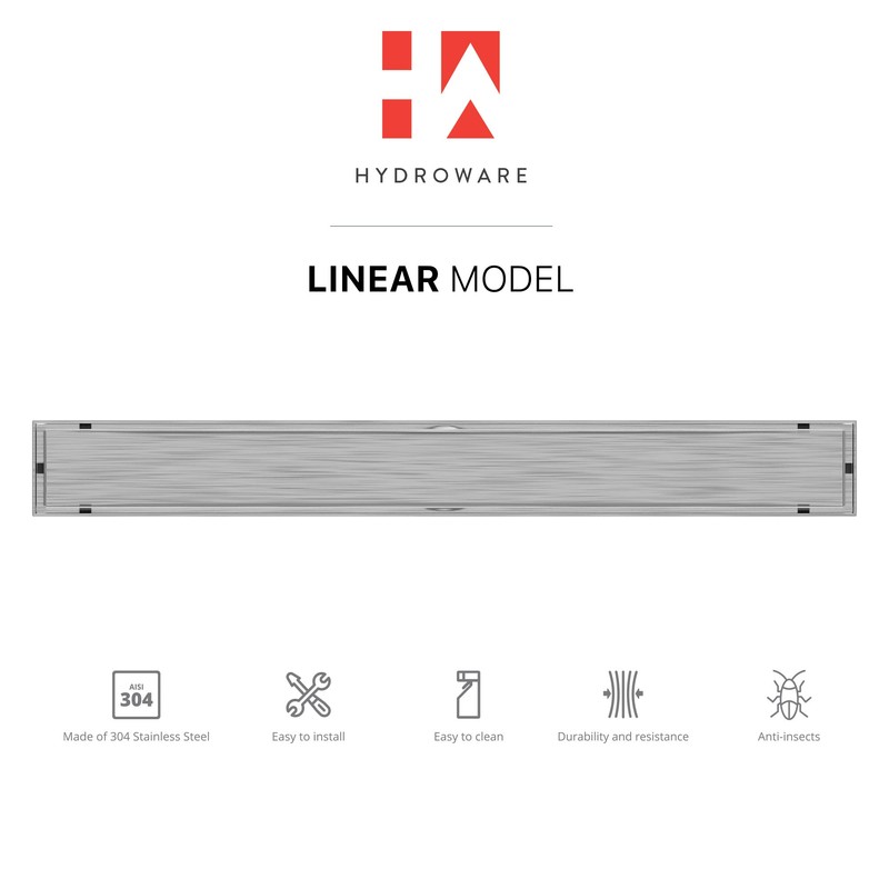 Hydroware Linear Shower Drain with Tile Insert Grate, Stainless Steel