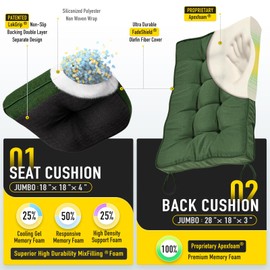 SUNROX Memory Foam Jumbo Rocking Chair Cushions, FadeShield Water Resistant Non Slip Durable Tufted Pads, Set of Seat & Back Cushion with Ties for Indoor/Outdoor Rocker, 2 Piece, Army Green