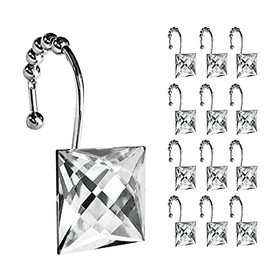 Sunlit Luxury Design Square Clear Diamond Crystal Gem Bling with Glide Balls Shower Curtain Hooks, Rust Proof Metal Rhinestones Glam Shower Curtain Rings-12 Pack