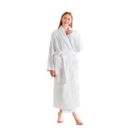 Serenhom Women’s Plush Fleece Bathrobe – Fluffy Stripe Shaggy 3D Design, Warm and Soft Flannel Long Robe for Spa and Relaxation, White, Large