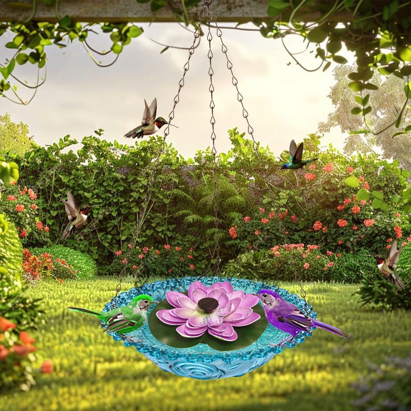 Solar Hanging Bird Bath with Flower Leaf Design, Plastic Bird