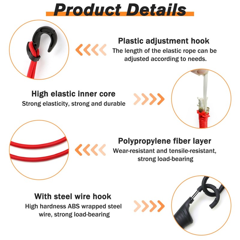 Forhandy Pack of 6 Elastic Straps with Hooks, 80 cm