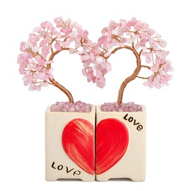 JSDDE Feng Shui Tree Heart Puzzle Shape Tree of Life Money Tree with Ceramic Vase Healing Stone Lucky Charm Tree Tumbled Stones Lucky Tree Home Home Table Office Decoration (Rose Quartz) Pack of 2