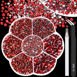 BELICEY 6000Pcs Red Resin Crystals Rhinestone 2/3/4/5/6mm Flatback Rhinestones Round Diamonds Gems Beads with Tweezers and Picking Pen for Manicure DIY Crafts Clothes Bags Tumblers Decoration