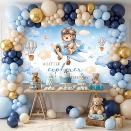 Mocsicka Airplane Baby Shower Decorations Banner Hot Air Balloons Little Explorer Boy Baby Shower Backdrop Party Decorations Photo Background (6x3.6ft)