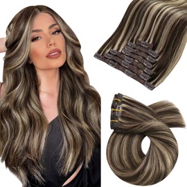Moresoo Real Hair Clip-In Extensions, Real Hair, Remy Dark Brown with Caramel Blonde, Double Wefts, 7 Pieces, 45 cm, 120g, #P4/27