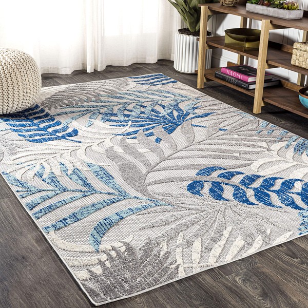 JONATHAN Y Tropics Palm Leaves Indoor/Outdoor Gray/Blue 4 ft. x