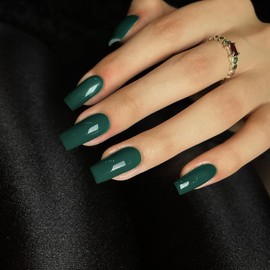 KQueenest Acrylic Press on Nails Long Square, Dark Green False Nails Long Medium Coffin, Glossy Natural Solid Color Fake Nails Set, Reusable Gel Stick on Nail for Women Finger Daily Wear 24 Pcs