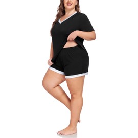 ForHailey Plus Size Pajamas for Women Set Bamboo Viscose V Neck Short Sleeve Summer 2 Piece Pjs Sets Comfort Black 3X-Large