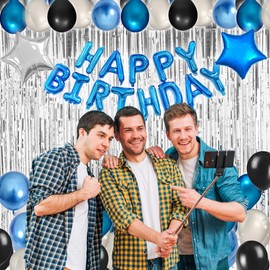 Blue Black Birthday Party Decorations Kit for Men 49 Pieces, Happy Birthday Banner, Fringe Curtains, Foil Balloons for 13th 16th 20th 21st 30th 35th 50th 60th Girls Men Party Supplies