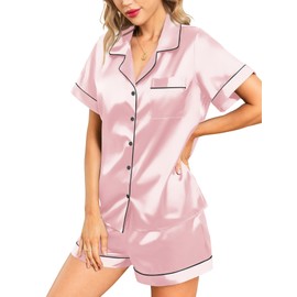 Leikar Womens Silk Satin Pajamas Shorts Set Bride Pajamas Button Down Pjs Loungewear Set M Pink