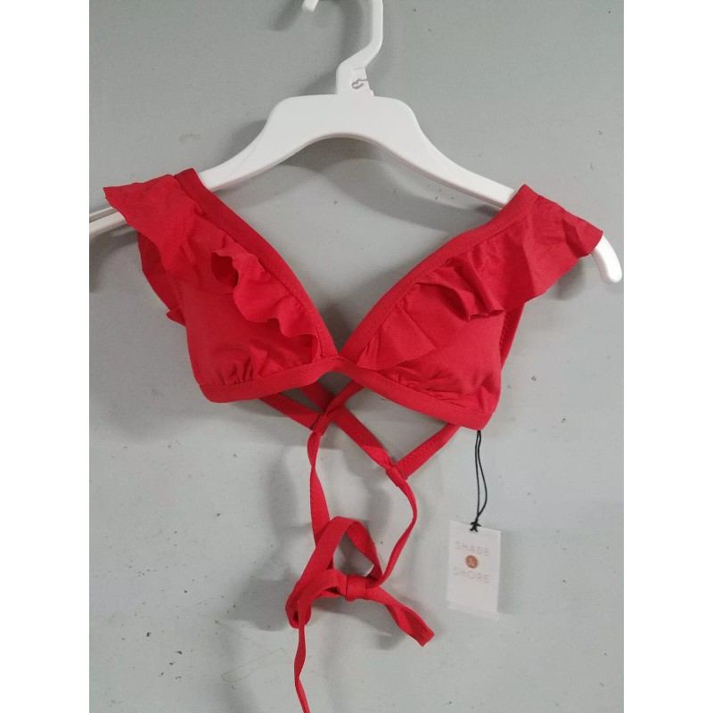 Shade & Shore Halter Bralette Top w/ Ruffle, Red, XS,