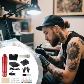 Plumas de tatuaje para niños, kit completo con máquina, pedal, piel de práctica, 10 colores de tinta, estuche, punta reemplazable, ideal para principiantes y práctica