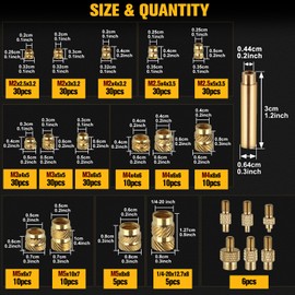 LEONTOOL 307pcs Threaded Inserts Assortment Kit, M2 M2.5 M3 M4 M5 M6 1/4-20 Metric knurled Nuts, Brass Heat Set Threaded Inserts with Welding Adapters for Plastic and 3D Printing Components