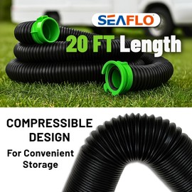 SEAFLO 20 FT RV Camper Sewer Hose Kit with Swivel Bayonet Adapter Polypropylene Waste Hose for Easy Storage 3.5" Swivel Adapter Fits 3" 3.5" 4" Pipes Includes 2 Plumbing Caps 4-Year Warranty
