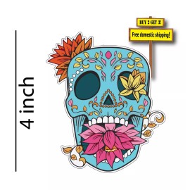 Oracal DOD Sugar Skull Day of the Dead 4" Blue with Flower in mouth Decal Sticker DOD1