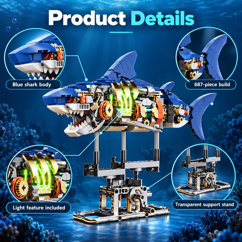 Mechanical Shark Building Set for Creative Play – 687-Piece Light-Up