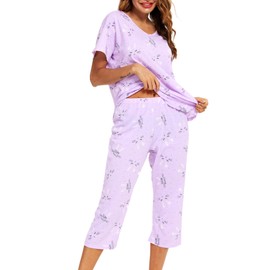 ENJOYNIGHT Women's Pajama Sets Cotton Sleepwear Tops with Capri Pants Summer Pjs (Tuzi, X-Large)