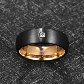 CHALAIR Mens Rings Black Brushed Tungsten Ring 8mm Domed Matt Ring with Zircon Inlay Size Y