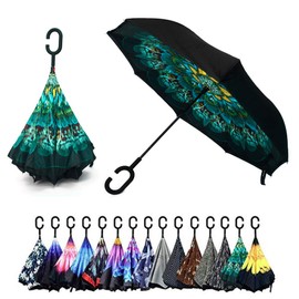 Parquet Peacock Double Layer Inverted Umbrellas - C Shaped Handle Reverse Folding Windproof Umbrella for Men and Women