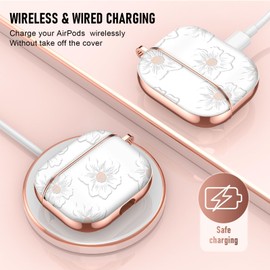 Maxjoy for AirPods 3rd Generation Case Cover, Cute Electroplating with Gold Heart Pattern with Lanyard Shockproof Cover for Girls Woman Airpods 3 case-White Trumpet Flower