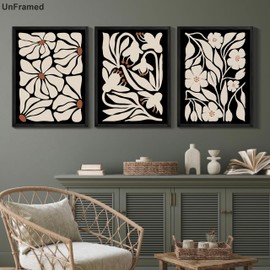 Abstract Black Boho Flowers Wall Art Framed Set of 3 Vintage Black Beige Plant Prints Neutral Floral Painting Pictures Abstract Botanical Flower Canvas Wall Decor for Living Room Bedroom 12x16 in