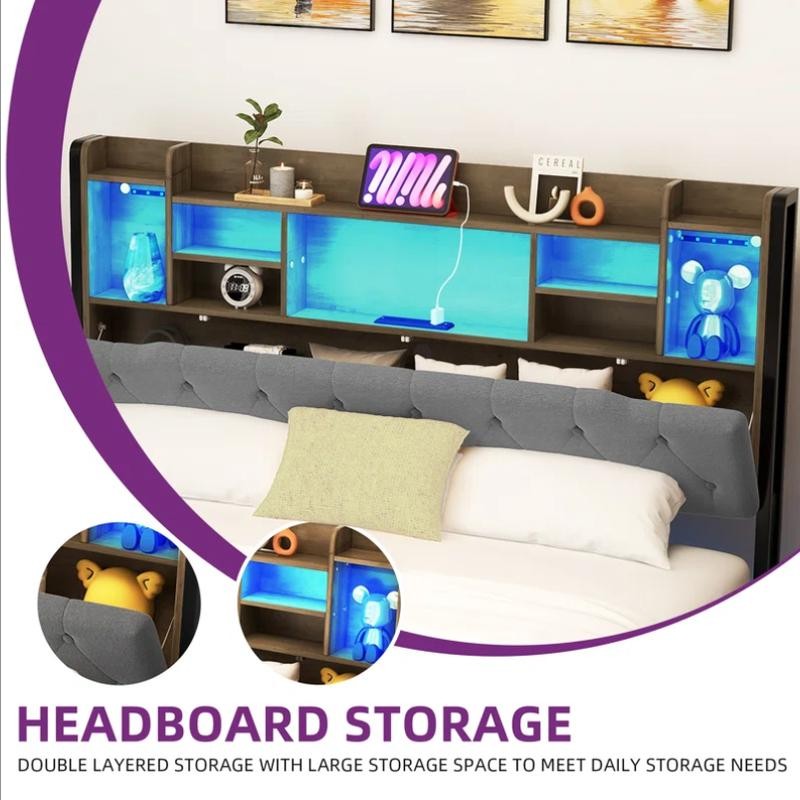 YITAHOME Upholstered Platform Bed with Headboard Storage and LED Lights