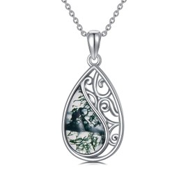 MISTBEE Filigree Moss Agate Necklace 925 Sterling Silver Green Natural Moss Agate Necklace Teardrop Pendant Jewelry for Women, Sterling Silver, moss agate
