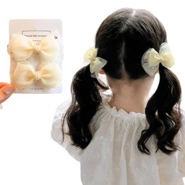Fesanla Hair Ornaments, Hairpins, Children, Small, Set of 2, Ribbon, Hair Accessories, Tulle, Pearls Included, School Entrance Ceremonies, Recitals, Weddings, Yukata (Yellow)