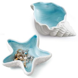 2 Pack Ceramic Jewelry Tray Starfish Conch Shape Aqua Shell Trinket Plate Ceramic Conch Shell Decorative Jewelry Dish Tray Earring Rings Bracelet Holder for Dresser, Entryway, Bedroom Decor