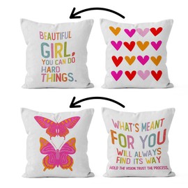 HIWX Beautiful Girl You Can Do Hard Things Inspirational Pink and Orange Heart Butterfly Pillow Covers 18x18 for Girls Room Bedroom Dorm, Inspirational Gifts for Women Girls, Double-Sided Set of 2