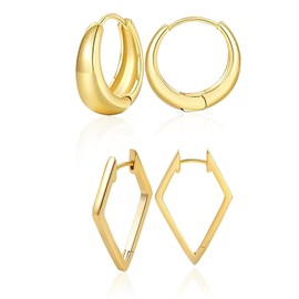 HEEYA Earrings Gold Set Hoop Earrings Silver 925 Gold-Plated with 14 Carat 1 Pair Oval Hoop Earrings + 1 Pair Square Earrings Hypoallergenic Earrings Hoop Earrings Small Huggie Earrings for Women,