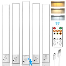 Under Cabinet Lighting with Remote, 12" Motion Sensor Light Indoor, Rechargeable LED Closet Light Wireless, 3 Color Temps & Dimmable, Magnetic Under Counter Lights for Kitchen, Stairs, Pantry, 5 Pack